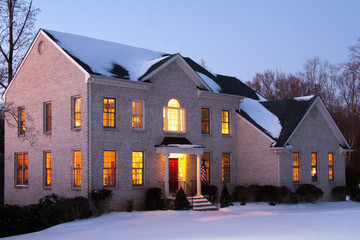 Brick House at Dusk with Snow