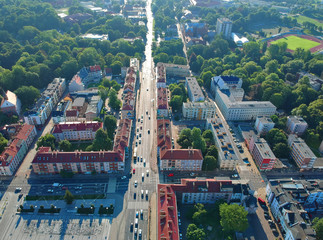 Aerial view on intersection with cars traffic in city Koszalin center