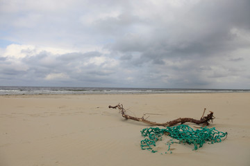 nordic beach with flotsam and fishing net