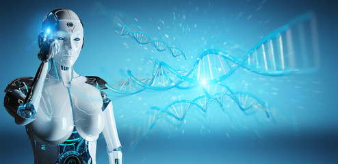 Obraz na płótnie Canvas White woman cyborg scanning human DNA 3D rendering