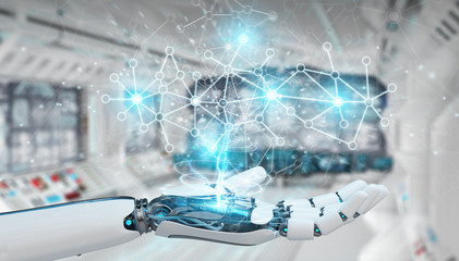 White cyborg hand using digital network connection 3D rendering