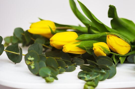 beautiful yellow tulips with eucalyptus branches on a white table