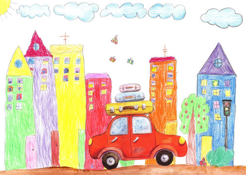 Children drawing of the Family travel, trip by car and bus