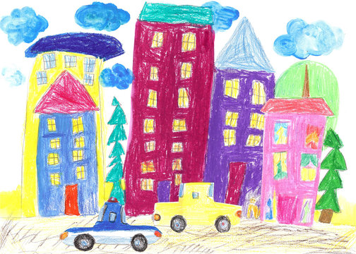 Children drawing of the Family travel, trip by car and bus