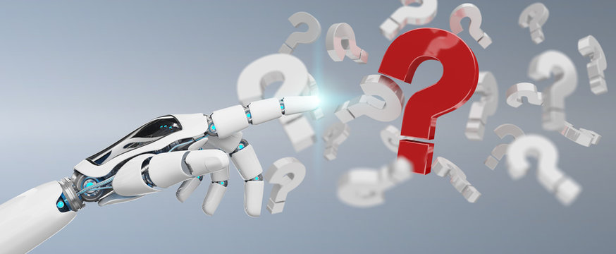 White robot hand using digital question marks 3D rendering