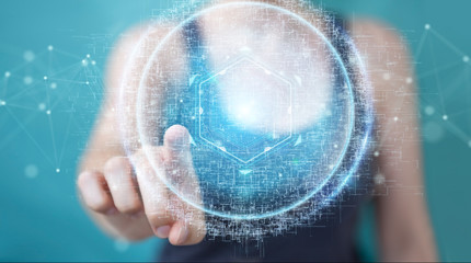 Businesswoman using digital sphere connection hologram 3D rendering