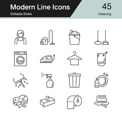 Cleaning icons. Modern line design set 45. For presentation, graphic design, mobile application, web design, infographics. Editable Stroke.