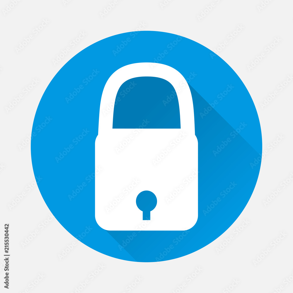 Poster vector icon lock on blue background. flat image closed lock with long shadow. layers grouped for eas