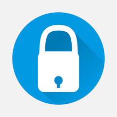 Vector icon lock on blue background. Flat image closed lock with long shadow. Layers grouped for easy editing illustration.  For your design.