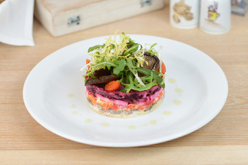 Salad with boiled vegetables. Vinaigrette. Russian cuisine. Vegetarian food.