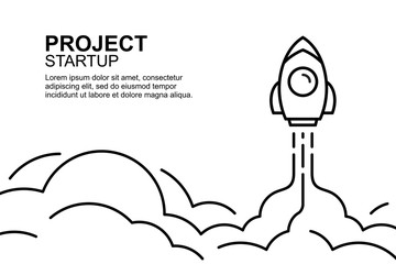 Rocket launch. Business startup banner. line style. isolated on white background