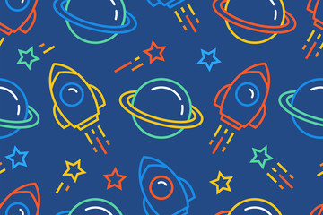 Seamless pattern with space, rockets, planets and stars. flat style. isolated on blue background
