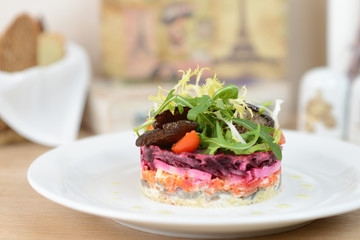 Salad with boiled vegetables. Vinaigrette. Russian cuisine. Vegetarian food.