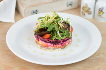Salad with boiled vegetables. Vinaigrette. Russian cuisine. Vegetarian food.