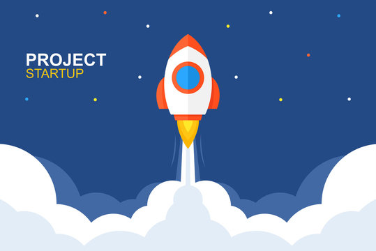 Rocket launch. Business startup banner. flat style. isolated on blue background