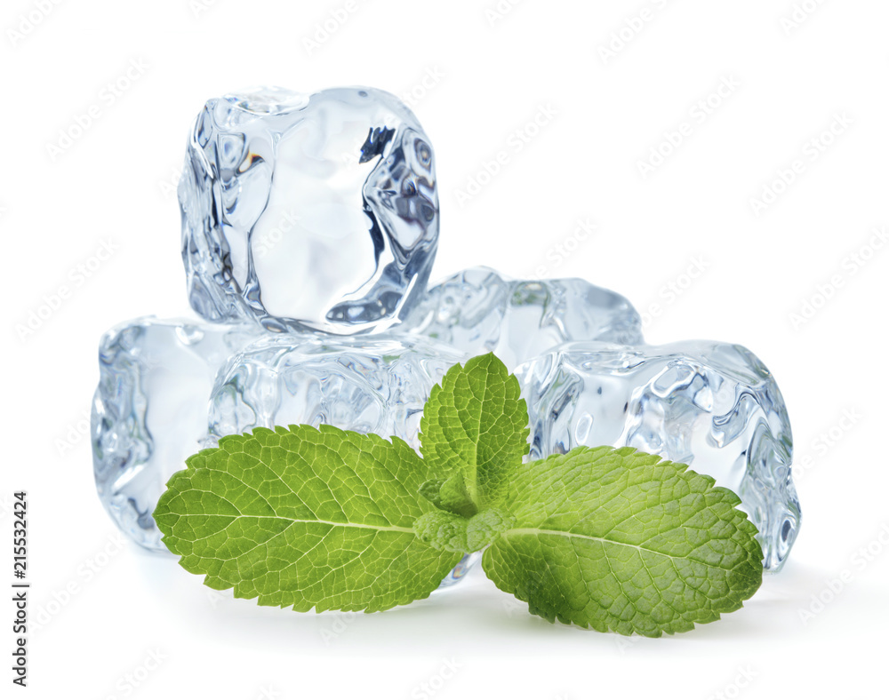 Wall mural heap of blue ice cubes with twig of mint isolated on white background