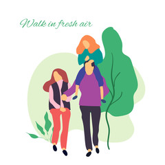 Walk in fresh air. Vector stylized illustration of active young family. Healthy lifestyle.People in the park vector flat illustration.