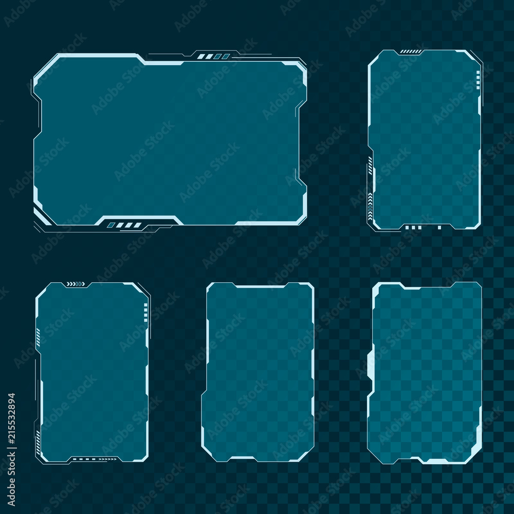 Poster hud futuristic user interface screen elements set. abstract control panel layout design. sci fi virt