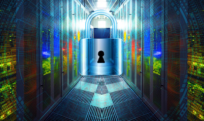 Technology security concept. Modern safety digital background. Protection system in communication equipment room with lighting in data center
