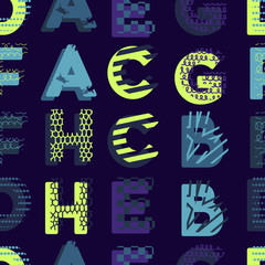 Abstract seamless vector pattern for girls, boys, clothes. Creative background with alphabet, letters, geometric figures Funny wallpaper for textile and fabric. Fashion style. Colorful bright