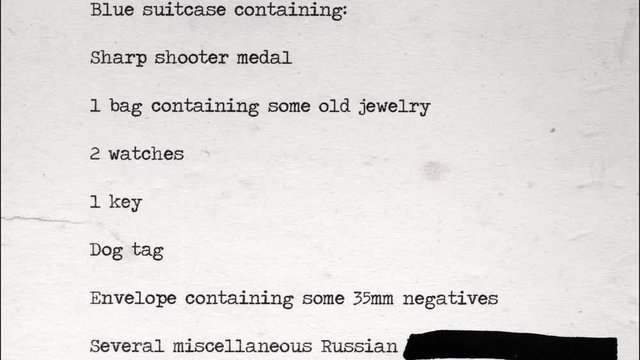 Browsing a redacted document made with a typewriter, fast pan movements. Source: public domain list of Oswald items after Kennedy assassination, recreated from scratch with fake aging process.
