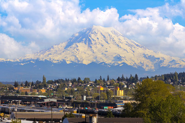 Mount Rainer over Port of Tacoma in Washington state