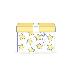 Surprise box in festive packing with stars. Flat outline vector concept of gift, surprise, party present, benefit, package with something interesting. Flat outline vector illustration icon.