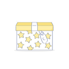 Fototapeta premium Surprise box in festive packing with stars. Flat outline vector concept of gift, surprise, party present, benefit, package with something interesting. Flat outline vector illustration icon.