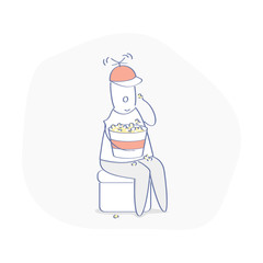 Cute funny cartoon man sitting and eating popcorn from bucket. Watch the video, movie and relaxing
