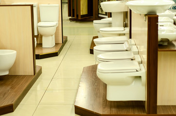 Exhibition of toilet bowls shop, white pendant shells
