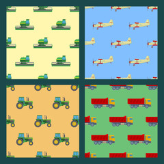 Agriculture harvest machine vector industrial farm equipment tractors transport combines and machinery excavator seamless pattern background illustration.