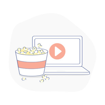 Video play button icon, watch film, movie  on the laptop display with the popcorn bucket, home cinema icon concept, leisure