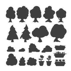 Garden trees vector silhouette flowers grass game park elements illustration nature forest green plant bush landscape natural foliage.