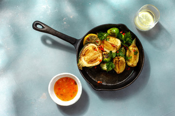 Fried broccoli zucchini served pan top view Healthy Vegetarian Food