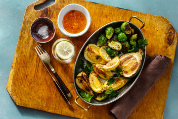 Fried broccoli zucchini cast iron pan top view Healthy Vegetarian Food