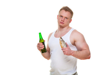 Fat man with a bottle of beer and fish isolated on white.Portrait of overweight person who spoiled healthy meal . Junk meal leads to obesity. Disruption from diet concept. He is trying to go on a diet