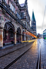 Bremen old Town Hall and Cathedral with long exposure tram light trail