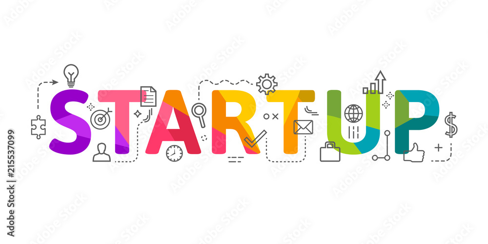 Poster startup word lettering in colorful low poly design with related thin line icons. creative vector ill