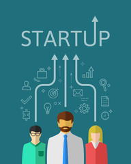Naklejka premium Startup team concept in flat design. Business plan with related thin line icons and arrows moving upwards.