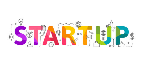 Startup word lettering in colorful low poly design with related thin line icons. Creative vector illustration with business progress.