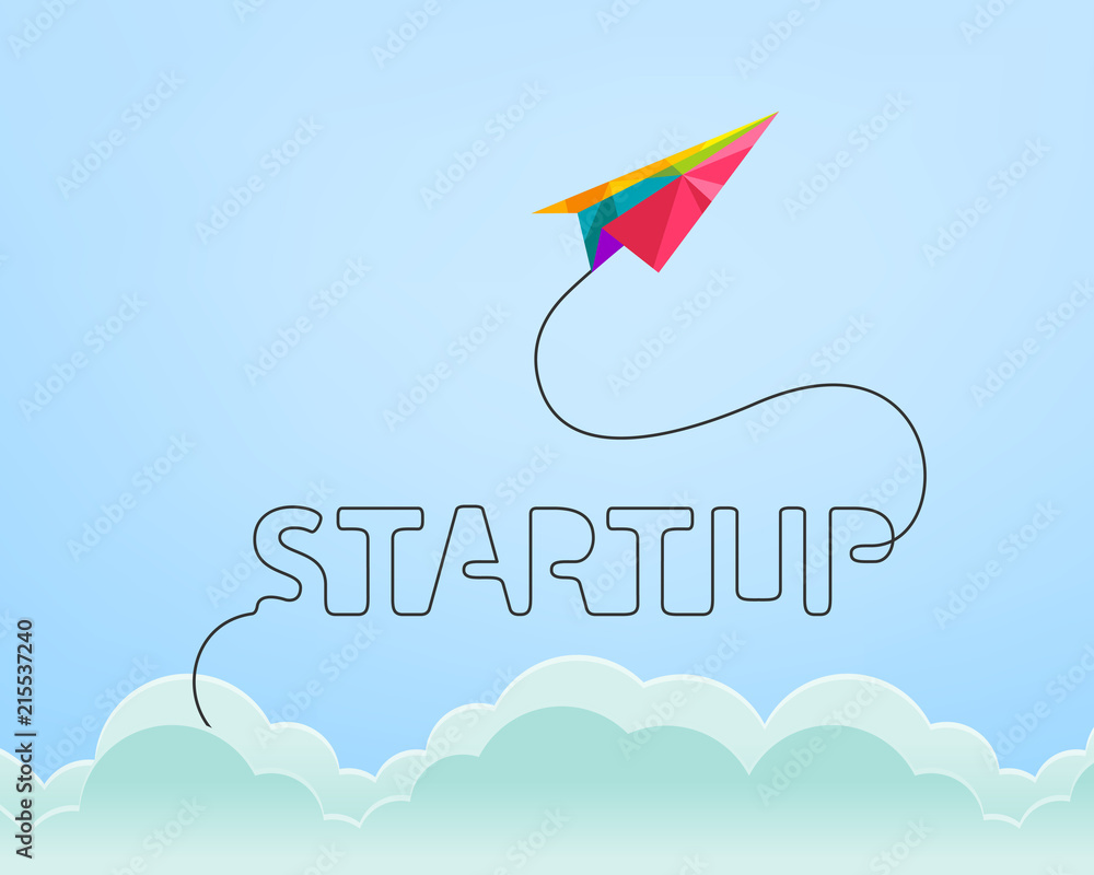 Poster startup concept with colorful paper plane in low poly design rising through the sky and above the cl