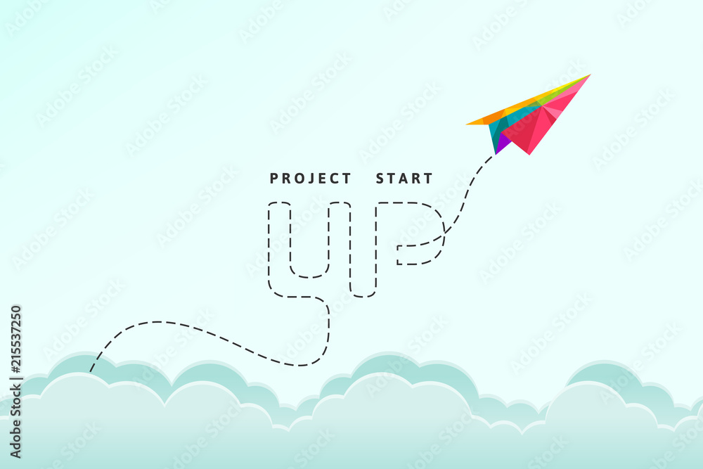 Poster project start up concept with colorful paper plane in low poly design flying through the sky. abstra