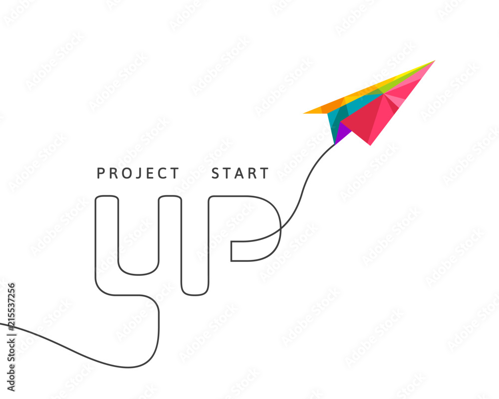 Poster project start up concept with multicolor paper plane made in polygon design on white background