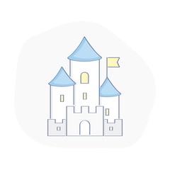 Funny blue fairytale medieval Castle, fortress with towers. Secure, Protection, Defense, Security, Safety icon concept