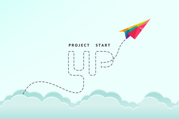 Project start up concept with colorful paper plane in low poly design flying through the sky. Abstract and creative vector illustration.