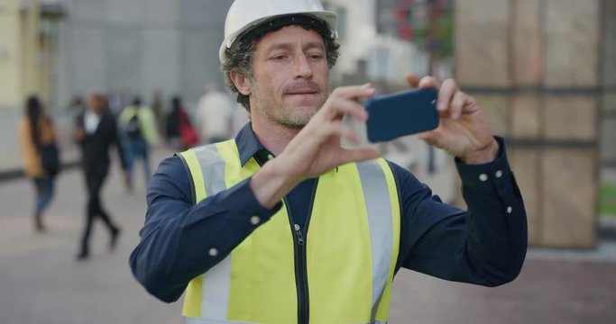 portrait mature construction engineer man using smartphone taking photos working on site wearing safety helmet reflective clothing in city slow motion