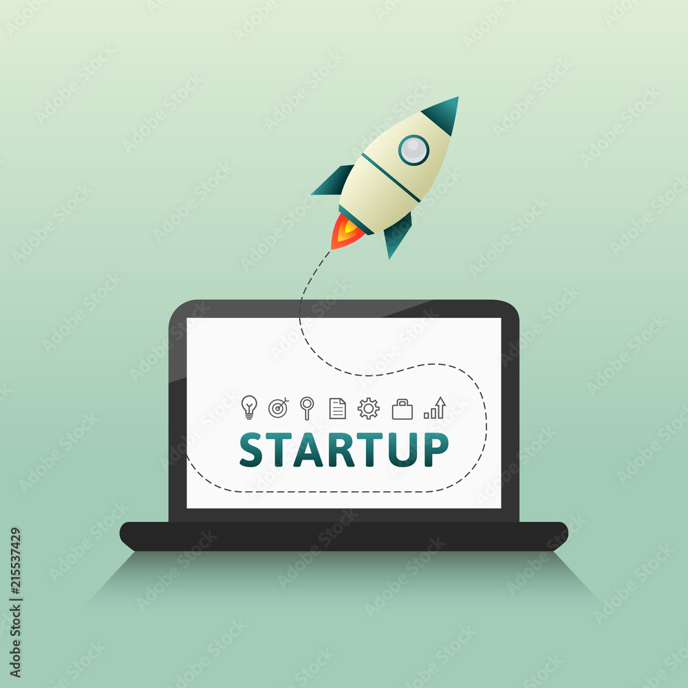 Aufkleber startup launch concept with rocket, computer and related thin line icons. vector illustration in fla