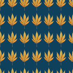 Seamless pattern. Marijuana Cannabis leaf on blue background. Fabric textile texture. Backdrop, wrapping paper, modern wallpaper