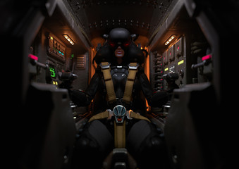 Frontal view of a female pilot sitting in the cockpit. Mech Pilot with fastened yellow seat belts. Girl wearing a futuristic VR helmet. Woman using virtual reality headset. Sci-fi cabin. 3d rendering. © roman3d