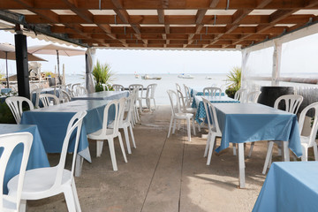 restaurant terrace on the edge of the beach in the Arcachon Basin at Cap Ferret in South West France